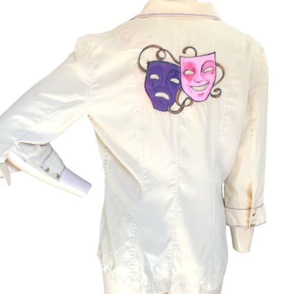 VTG Liz Claiborne Silk Button Front Top Embroidered Theater/Drama Masks M #88D - Picture 2 of 9
